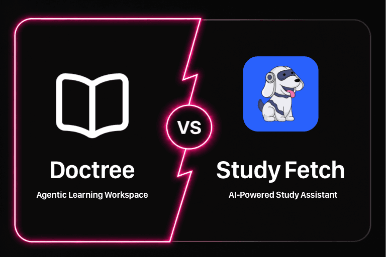 DocTree visual knowledge canvas compared with the StudyFetch AI exam-preparation workflow
